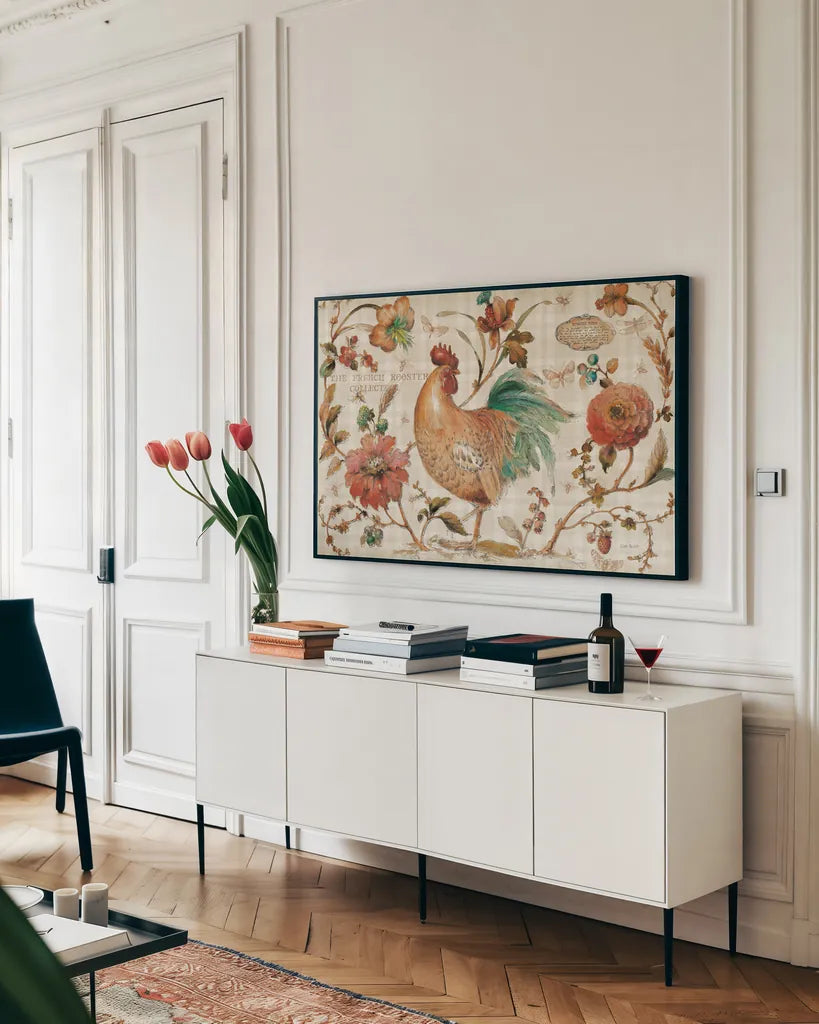 French Country I by Lisa Audit. shown as a framed stretched canvas in a living room above a console. Available as a archival giclee rolled canvas, fine art paper, or poster print. SKU 30313i.