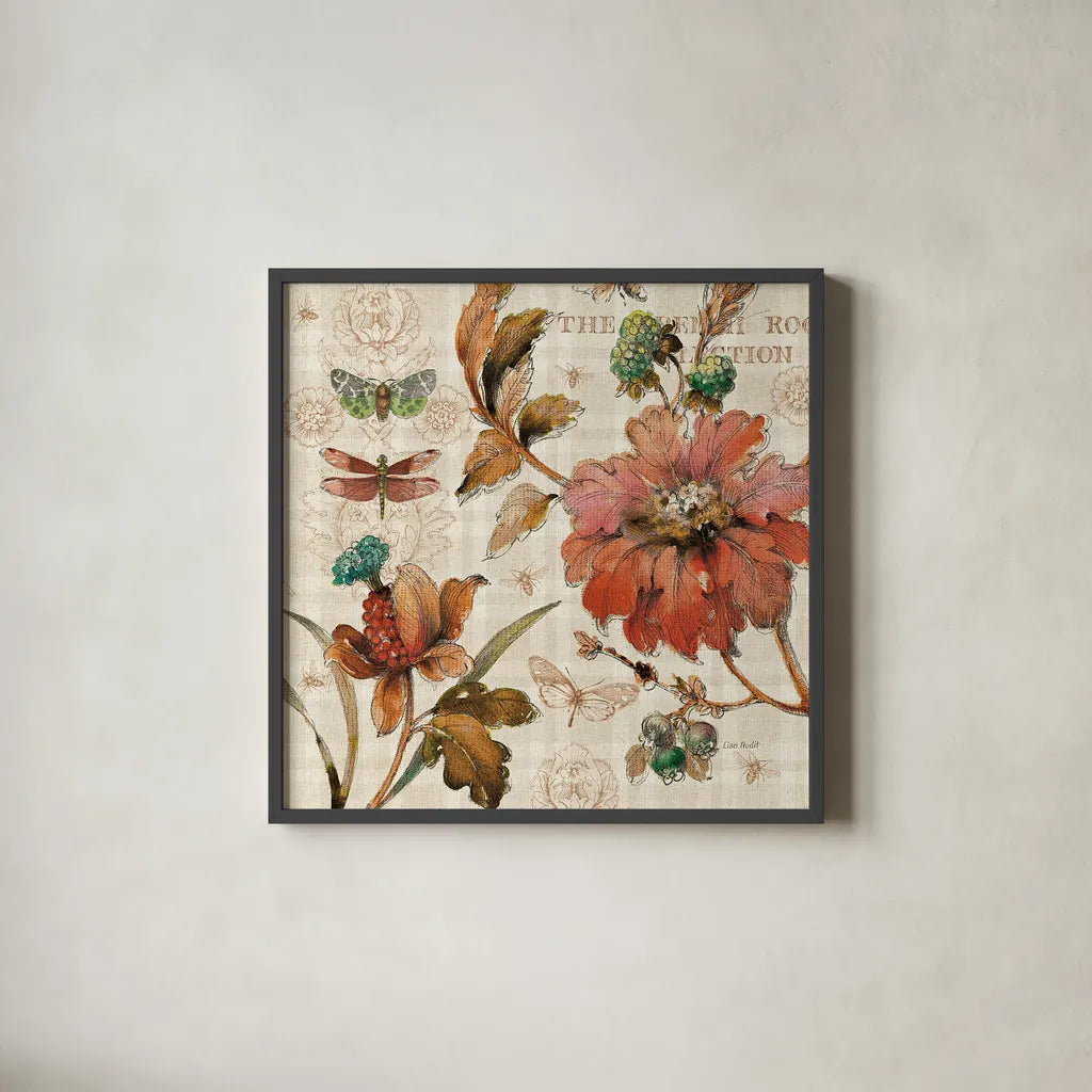 French Country V by Lisa Audit. Shown in a sleek black glass frame for a contemporary gallery look. Available as an archival giclee rolled canvas, fine art paper, or poster print. SKU 15839a.