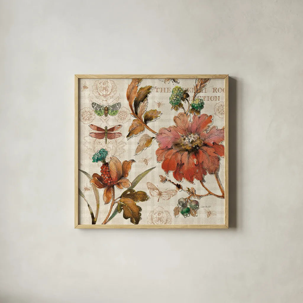 French Country V by Lisa Audit. Shown in a natural wood glass frame for a timeless modern aesthetic. Available as an archival giclee rolled canvas, fine art paper, or poster print. SKU 15839a.