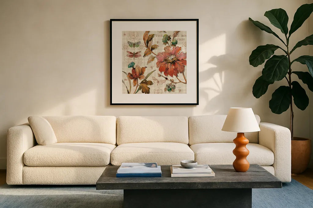 French Country V by Lisa Audit. Displayed in a glass frame with matte in a clean modern living room. Available as an archival giclee rolled canvas, fine art paper, or poster print. SKU 15839a.