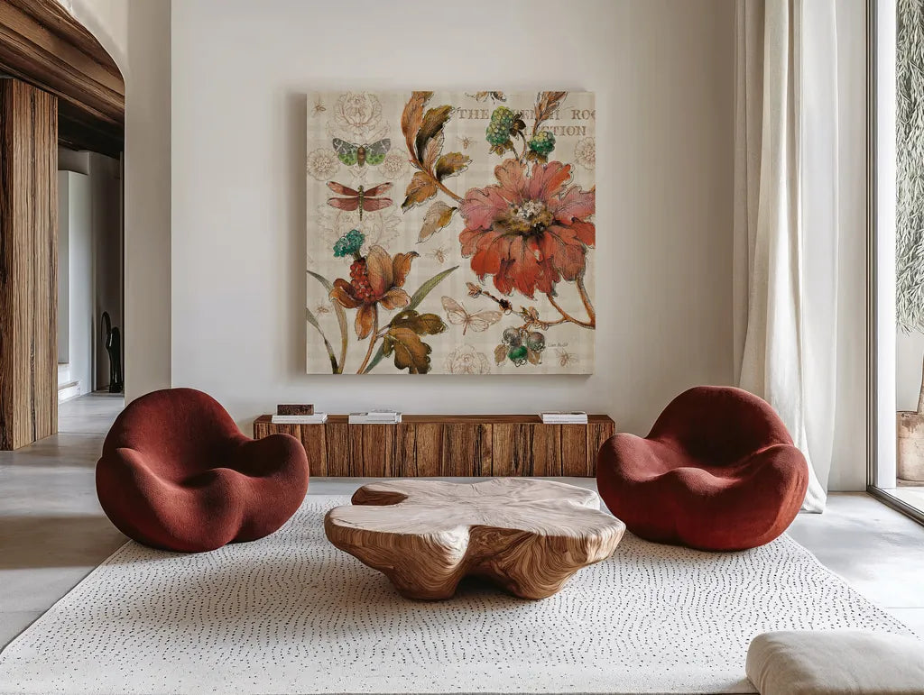 French Country V by Lisa Audit. Shown as extra-large giant wall art in a modern living room. Available as an archival giclee rolled canvas, fine art paper, or poster print. SKU 15839a.