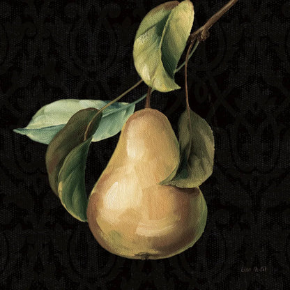 Fruit du Marche Pear on Black by Lisa Audit. SKU 90893a. Archival Giclee Fine art print for wall decor.