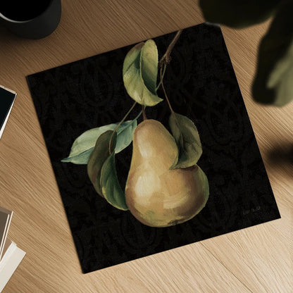 Fruit du Marche Pear on Black by Lisa Audit. Shown as a detailed flat fine art print, highlighting archival giclee quality. Available as an archival giclee rolled canvas, fine art paper, or poster print. SKU 90893a.