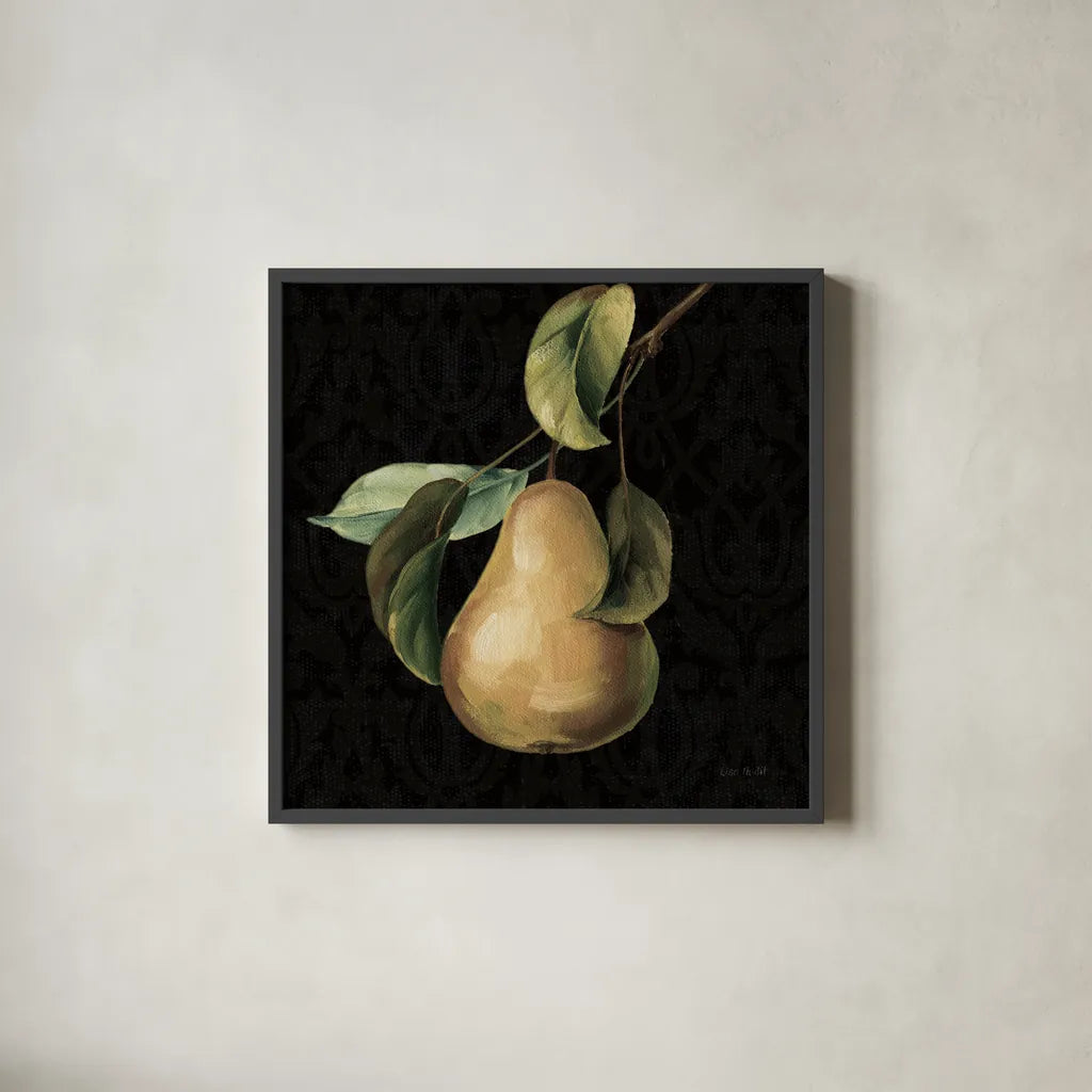 Fruit du Marche Pear on Black by Lisa Audit. Shown in a sleek black glass frame for a contemporary gallery look. Available as an archival giclee rolled canvas, fine art paper, or poster print. SKU 90893a.