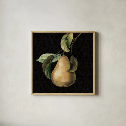 Fruit du Marche Pear on Black by Lisa Audit. Shown in a natural wood glass frame for a timeless modern aesthetic. Available as an archival giclee rolled canvas, fine art paper, or poster print. SKU 90893a.