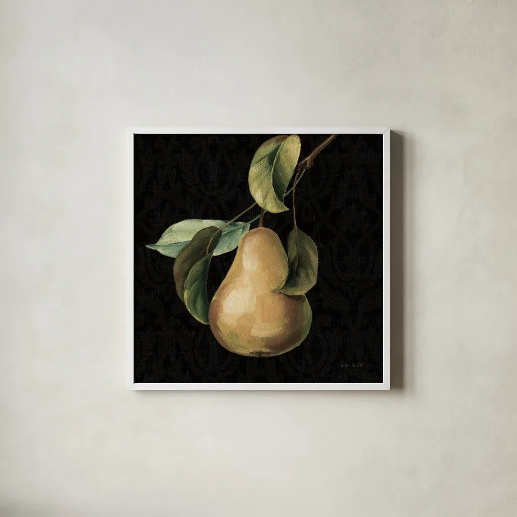 Fruit du Marche Pear on Black by Lisa Audit. Shown in a crisp white glass frame for a clean and minimalist style. Available as an archival giclee rolled canvas, fine art paper, or poster print. SKU 90893a.