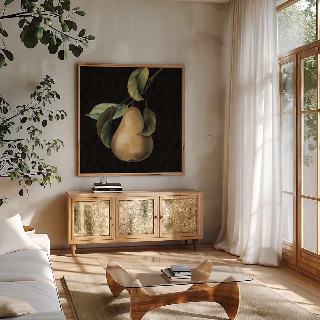 Fruit du Marche Pear on Black by Lisa Audit. Shown in a natural wood frame in a cozy modern living room. Available as an archival giclee rolled canvas, fine art paper, or poster print. SKU 90893a.