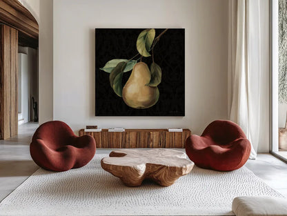 Fruit du Marche Pear on Black by Lisa Audit. Shown as extra-large giant wall art in a modern living room. Available as an archival giclee rolled canvas, fine art paper, or poster print. SKU 90893a.