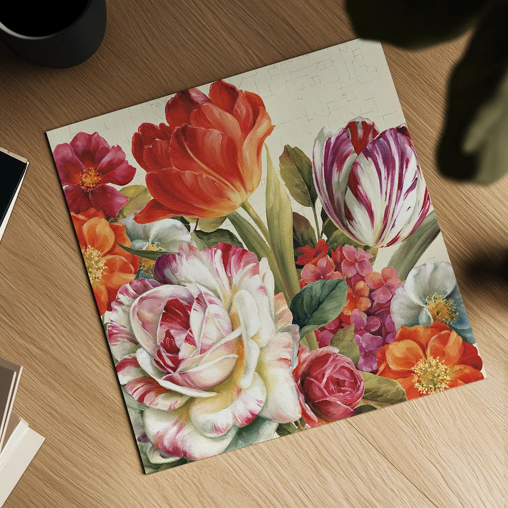 Garden View Tossed - Florals by Lisa Audit. Shown as a detailed flat fine art print, highlighting archival giclee quality. Available as an archival giclee rolled canvas, fine art paper, or poster print. SKU 10388a.