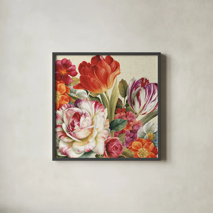 Garden View Tossed - Florals by Lisa Audit. Shown in a sleek black glass frame for a contemporary gallery look. Available as an archival giclee rolled canvas, fine art paper, or poster print. SKU 10388a.