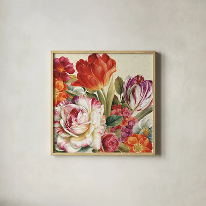 Garden View Tossed - Florals by Lisa Audit. Shown in a natural wood glass frame for a timeless modern aesthetic. Available as an archival giclee rolled canvas, fine art paper, or poster print. SKU 10388a.