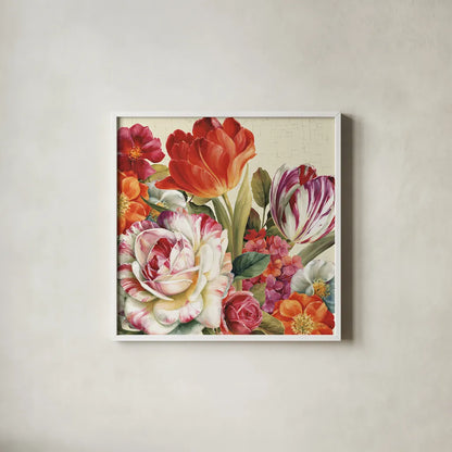 Garden View Tossed - Florals by Lisa Audit. Shown in a crisp white glass frame for a clean and minimalist style. Available as an archival giclee rolled canvas, fine art paper, or poster print. SKU 10388a.