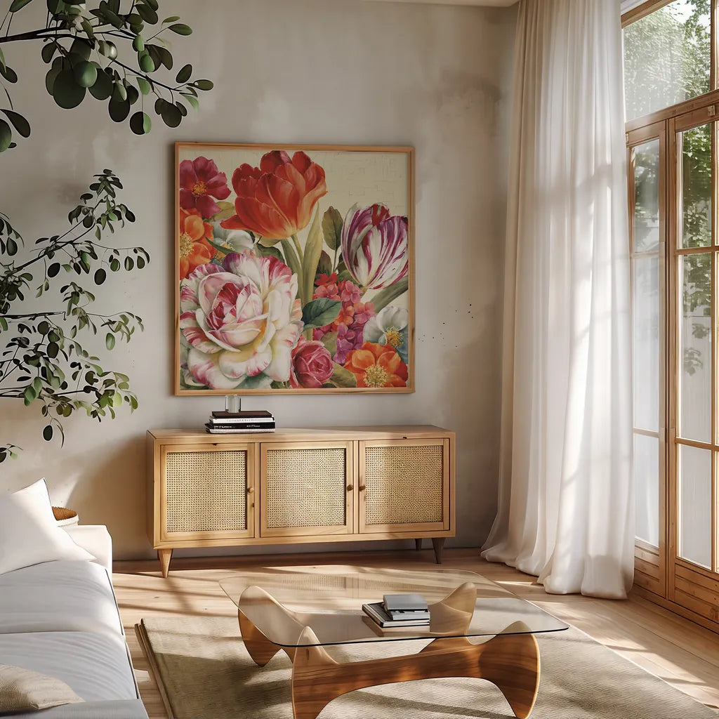 Garden View Tossed - Florals by Lisa Audit. Shown in a natural wood frame in a cozy modern living room. Available as an archival giclee rolled canvas, fine art paper, or poster print. SKU 10388a.