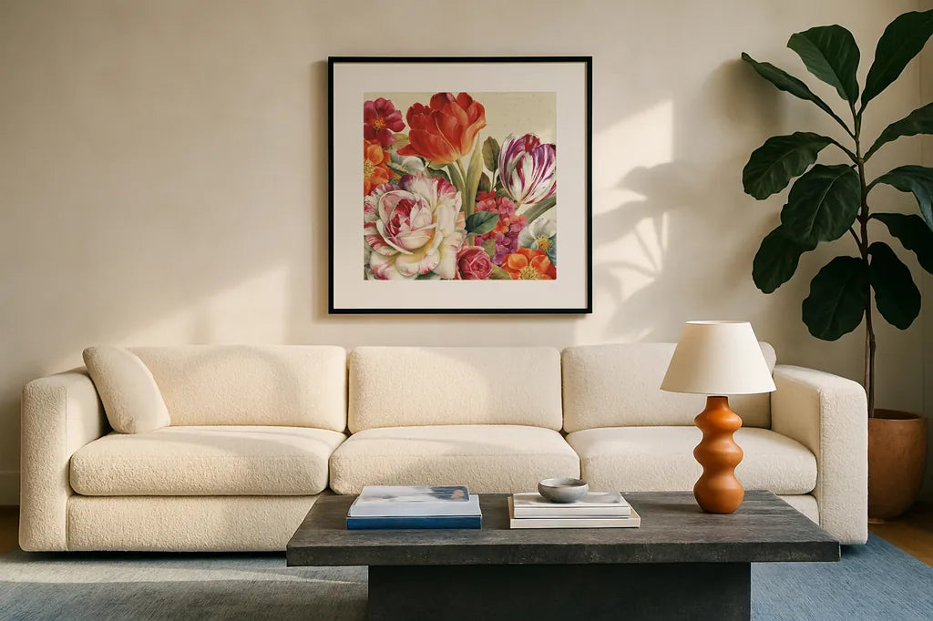 Garden View Tossed - Florals by Lisa Audit. Displayed in a glass frame with matte in a clean modern living room. Available as an archival giclee rolled canvas, fine art paper, or poster print. SKU 10388a.