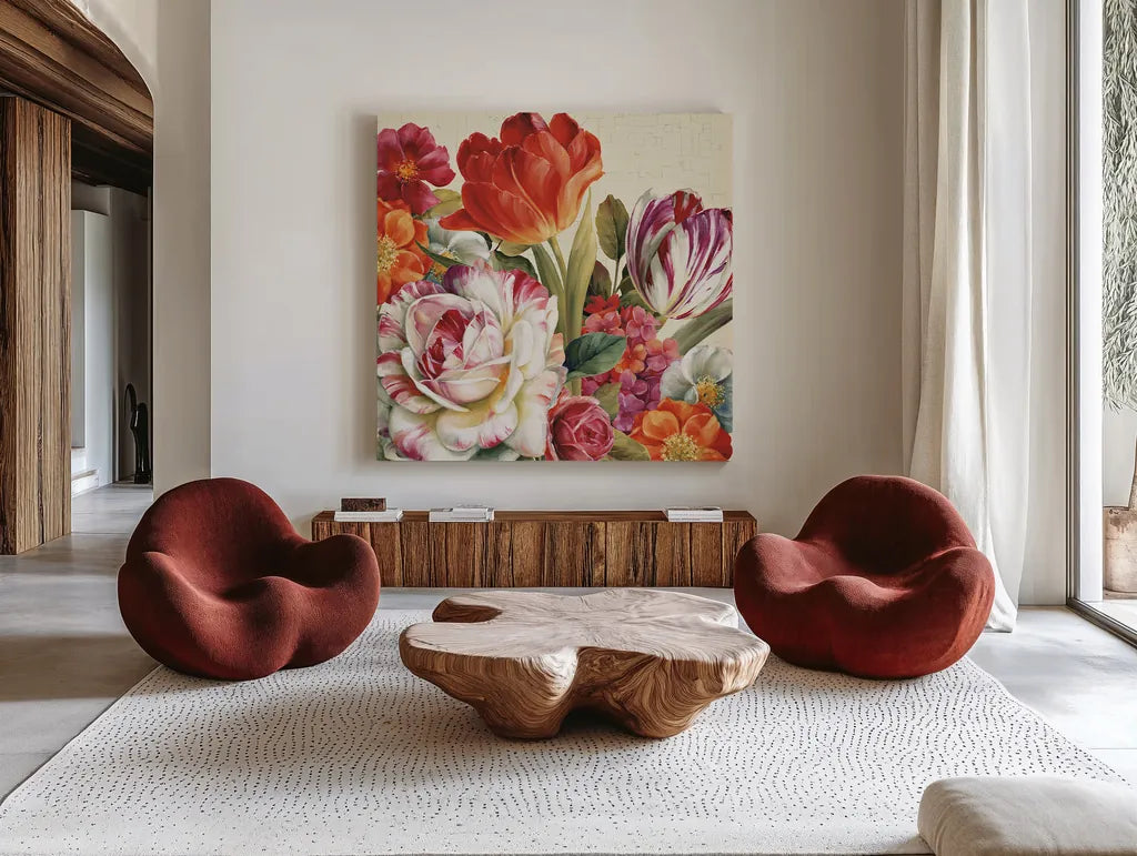 Garden View Tossed - Florals by Lisa Audit. Shown as extra-large giant wall art in a modern living room. Available as an archival giclee rolled canvas, fine art paper, or poster print. SKU 10388a.