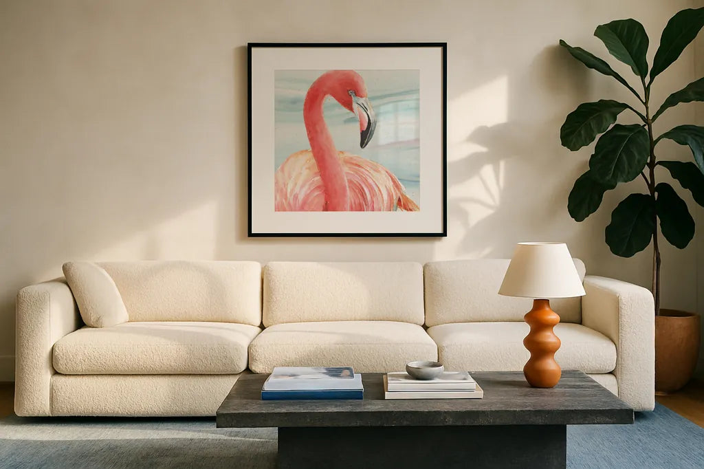 Gracefully Pink II Water Wash by Lisa Audit. Displayed in a glass frame with matte in a clean modern living room. Available as an archival giclee rolled canvas, fine art paper, or poster print. SKU 98661a.