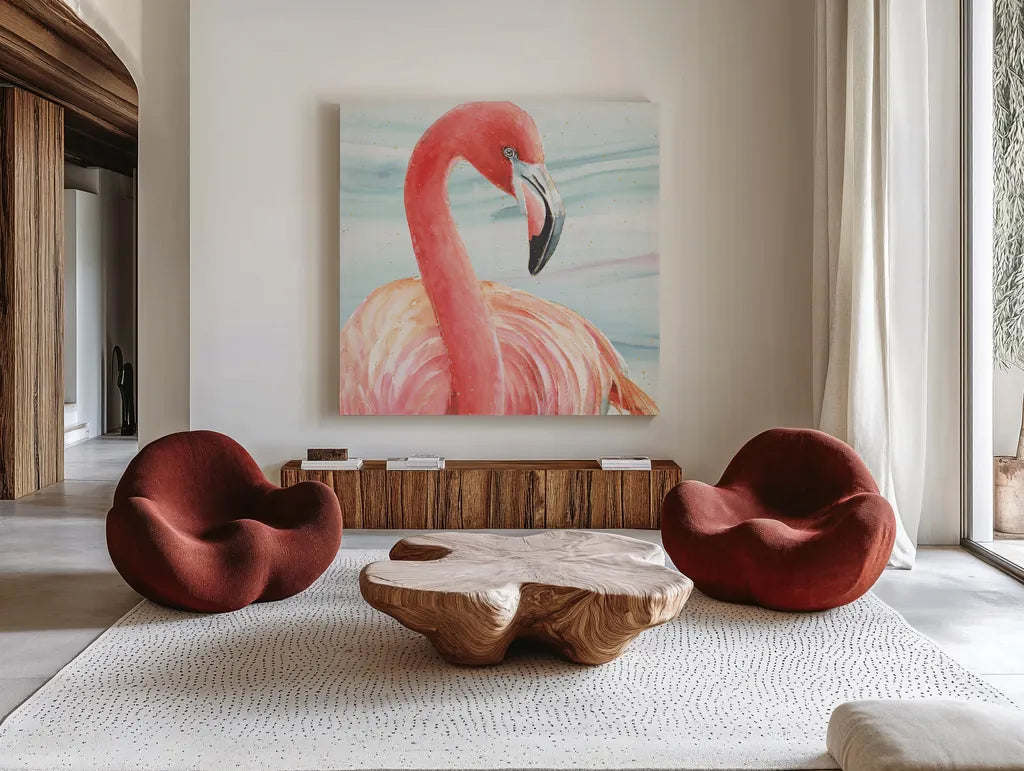Gracefully Pink II Water Wash by Lisa Audit. Shown as extra-large giant wall art in a modern living room. Available as an archival giclee rolled canvas, fine art paper, or poster print. SKU 98661a.