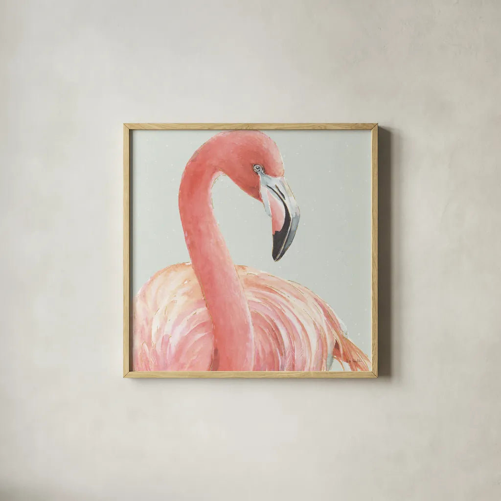 Gracefully Pink II with Green by Lisa Audit. Shown in a natural wood glass frame for a timeless modern aesthetic. Available as an archival giclee rolled canvas, fine art paper, or poster print. SKU 82365a.
