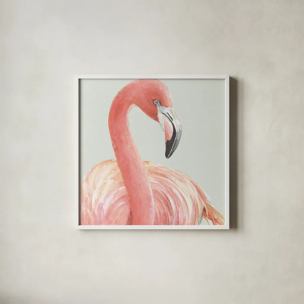 Gracefully Pink II with Green by Lisa Audit. Shown in a crisp white glass frame for a clean and minimalist style. Available as an archival giclee rolled canvas, fine art paper, or poster print. SKU 82365a.