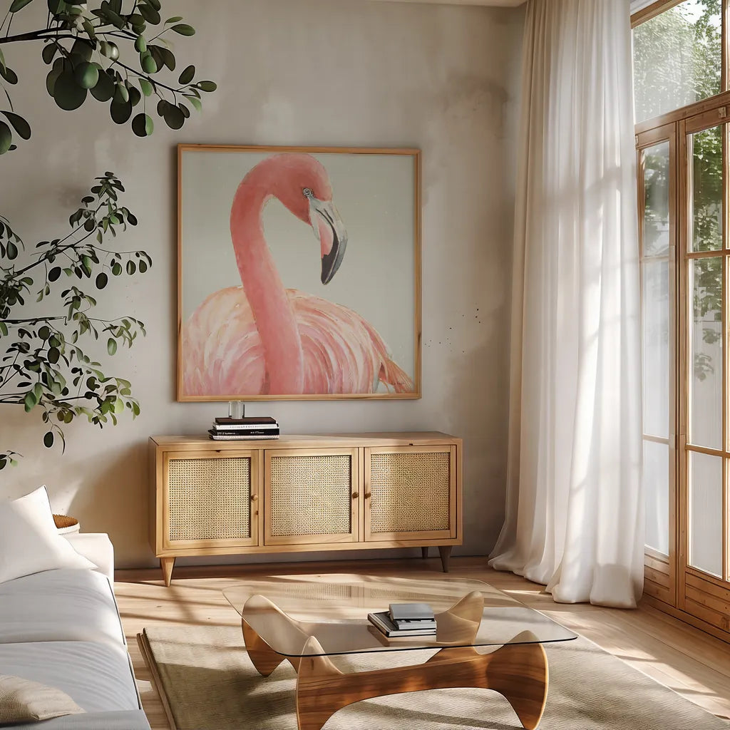 Gracefully Pink II with Green by Lisa Audit. Shown in a natural wood frame in a cozy modern living room. Available as an archival giclee rolled canvas, fine art paper, or poster print. SKU 82365a.