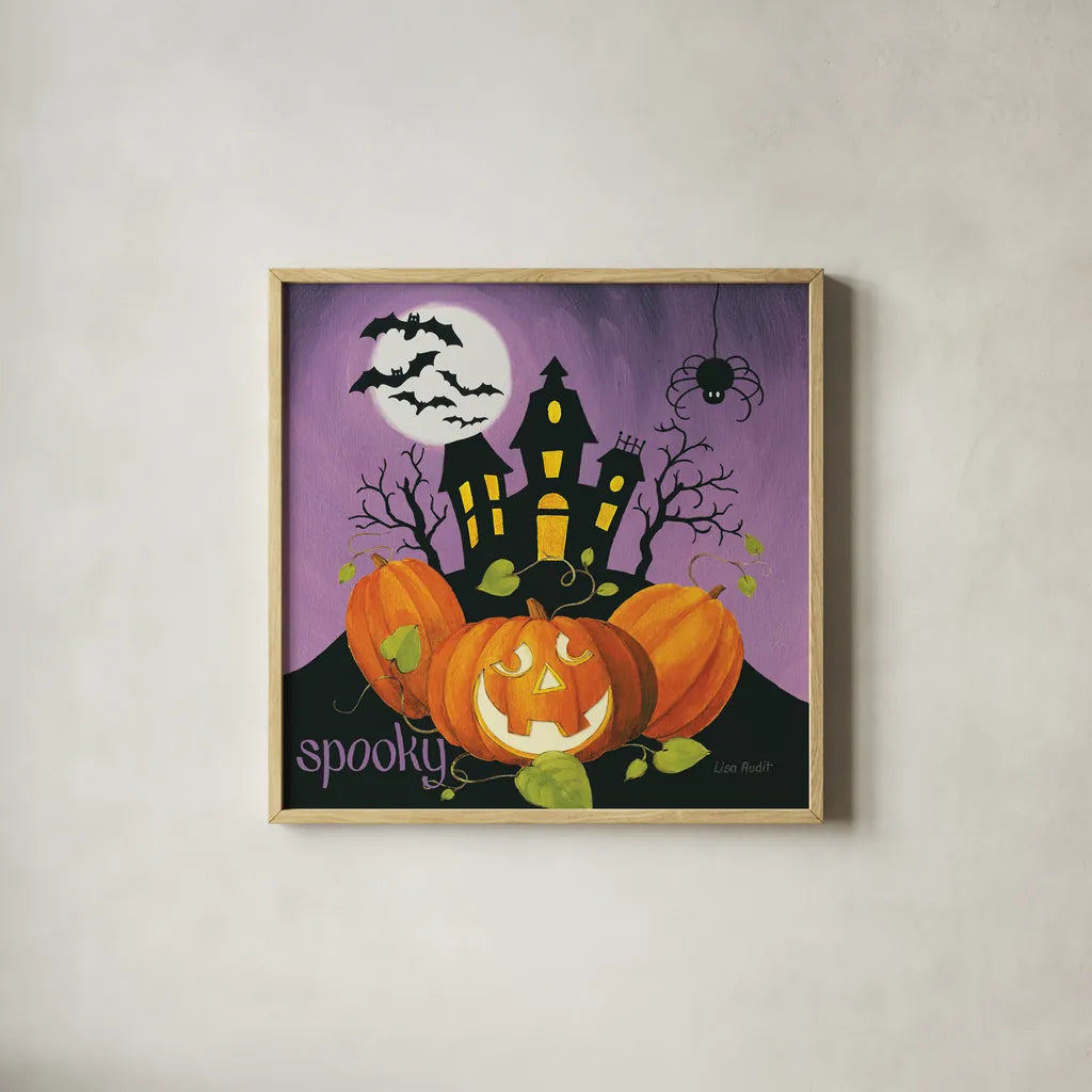 Happy Haunting II by Lisa Audit. Shown in a natural wood glass frame for a timeless modern aesthetic. Available as an archival giclee rolled canvas, fine art paper, or poster print. SKU 80107a.