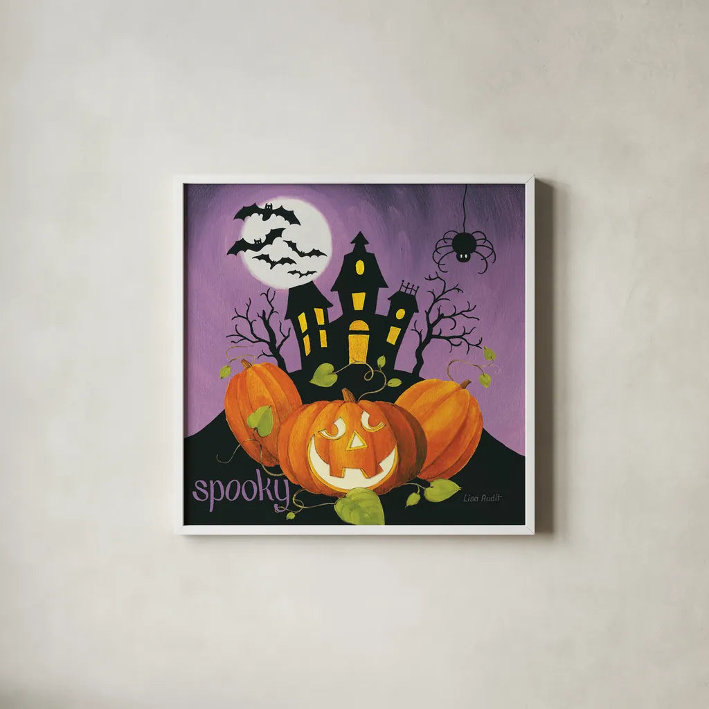 Happy Haunting II by Lisa Audit. Shown in a crisp white glass frame for a clean and minimalist style. Available as an archival giclee rolled canvas, fine art paper, or poster print. SKU 80107a.