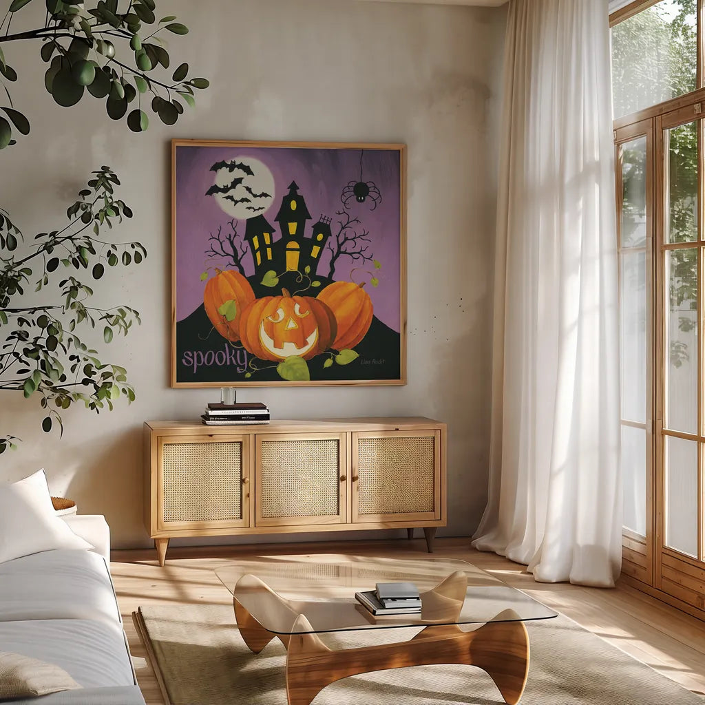 Happy Haunting II by Lisa Audit. Shown in a natural wood frame in a cozy modern living room. Available as an archival giclee rolled canvas, fine art paper, or poster print. SKU 80107a.