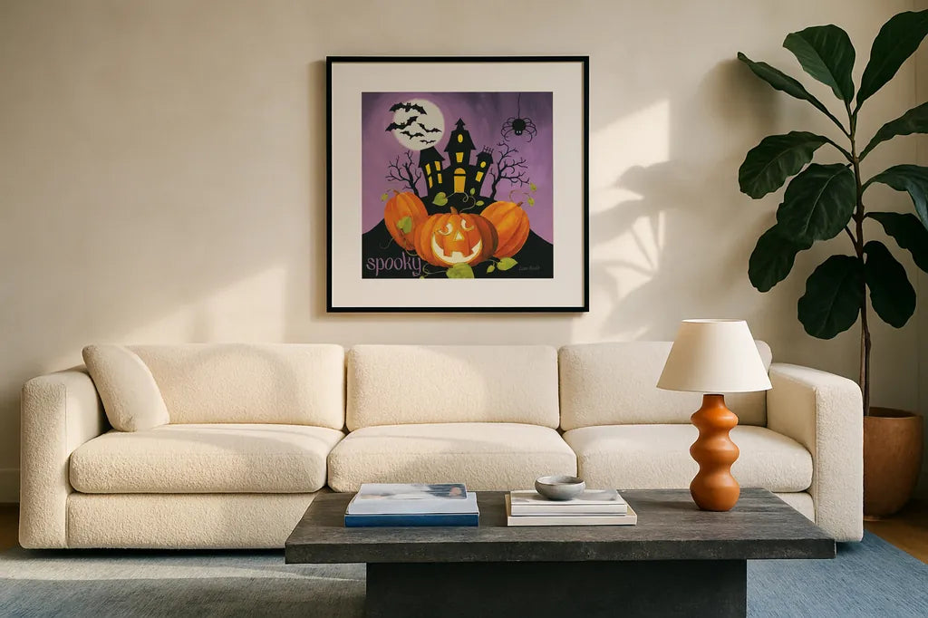 Happy Haunting II by Lisa Audit. Displayed in a glass frame with matte in a clean modern living room. Available as an archival giclee rolled canvas, fine art paper, or poster print. SKU 80107a.