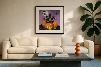 Happy Haunting II by Lisa Audit. Displayed in a glass frame with matte in a clean modern living room. Available as an archival giclee rolled canvas, fine art paper, or poster print. SKU 80107a.