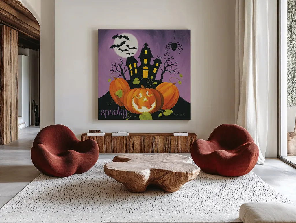Happy Haunting II by Lisa Audit. Shown as extra-large giant wall art in a modern living room. Available as an archival giclee rolled canvas, fine art paper, or poster print. SKU 80107a.
