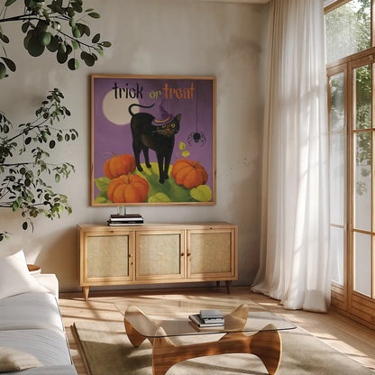 Happy Haunting III by Lisa Audit. Shown in a natural wood frame in a cozy modern living room. Available as an archival giclee rolled canvas, fine art paper, or poster print. SKU 80108a.