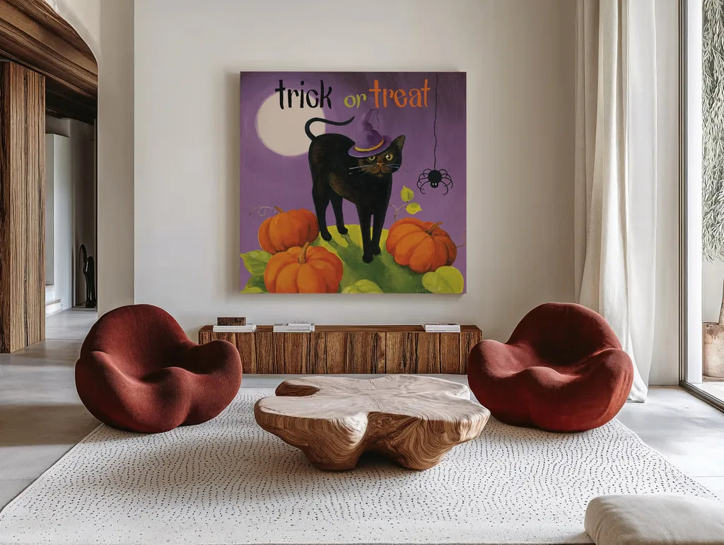 Happy Haunting III by Lisa Audit. Shown as extra-large giant wall art in a modern living room. Available as an archival giclee rolled canvas, fine art paper, or poster print. SKU 80108a.