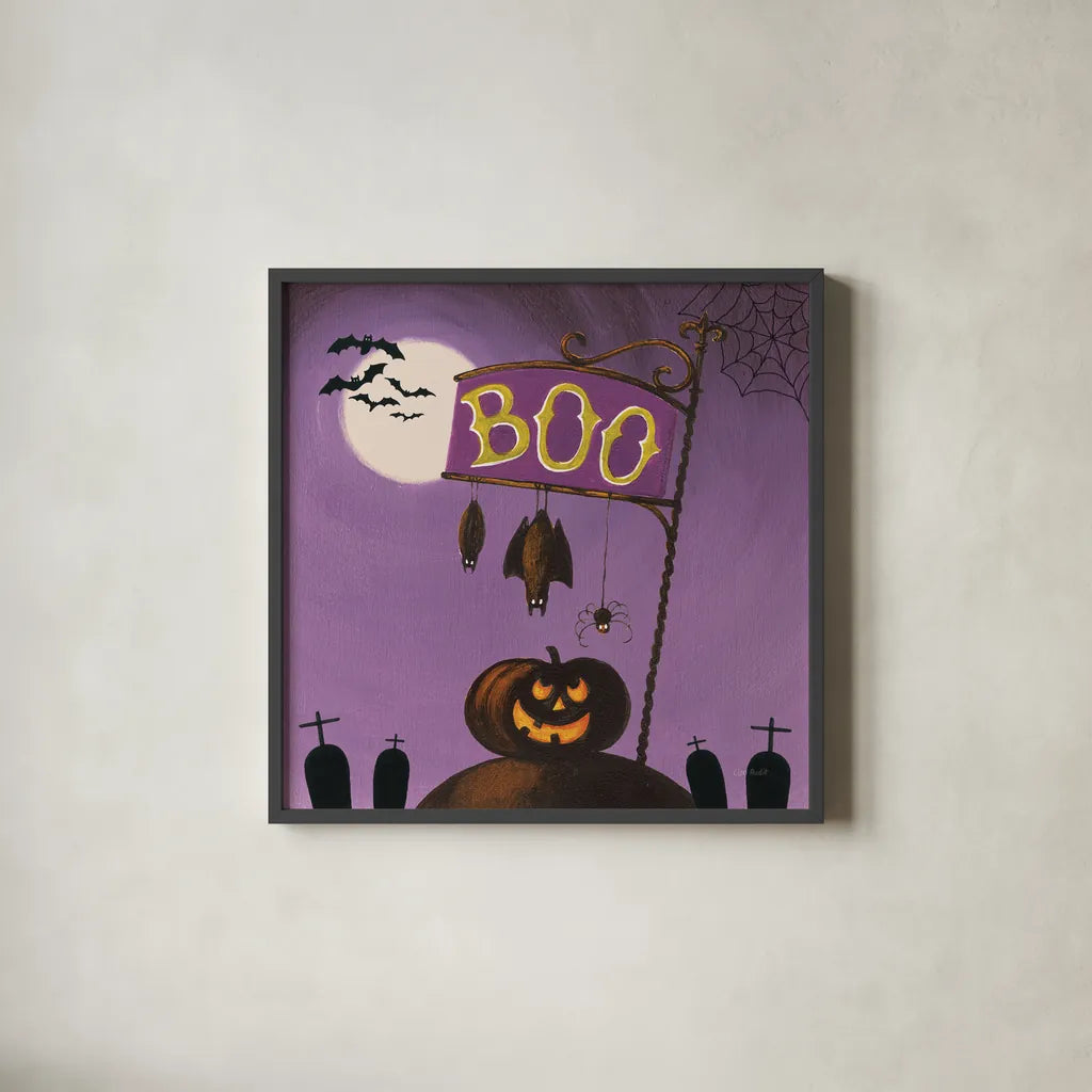Happy Haunting IV by Lisa Audit. Shown in a sleek black glass frame for a contemporary gallery look. Available as an archival giclee rolled canvas, fine art paper, or poster print. SKU 80109a.
