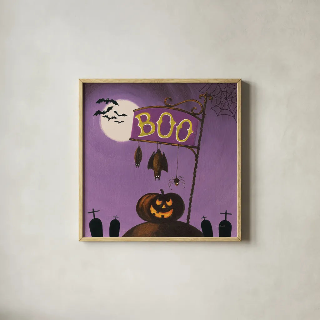 Happy Haunting IV by Lisa Audit. Shown in a natural wood glass frame for a timeless modern aesthetic. Available as an archival giclee rolled canvas, fine art paper, or poster print. SKU 80109a.