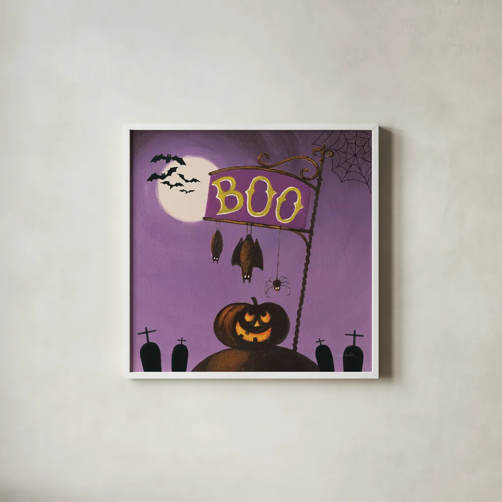 Happy Haunting IV by Lisa Audit. Shown in a crisp white glass frame for a clean and minimalist style. Available as an archival giclee rolled canvas, fine art paper, or poster print. SKU 80109a.