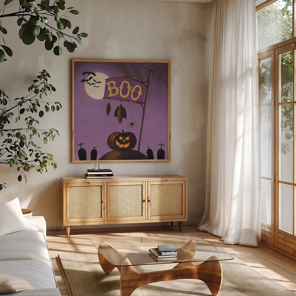 Happy Haunting IV by Lisa Audit. Shown in a natural wood frame in a cozy modern living room. Available as an archival giclee rolled canvas, fine art paper, or poster print. SKU 80109a.