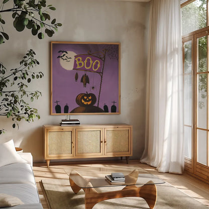 Happy Haunting IV by Lisa Audit. Shown in a natural wood frame in a cozy modern living room. Available as an archival giclee rolled canvas, fine art paper, or poster print. SKU 80109a.