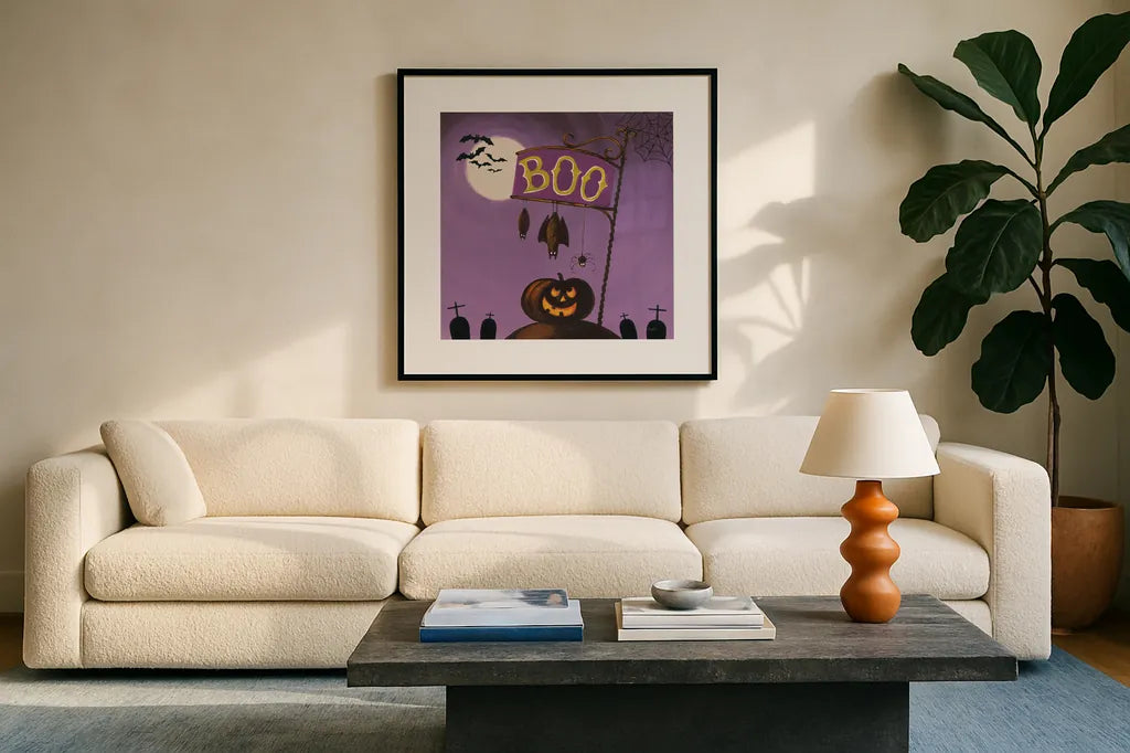Happy Haunting IV by Lisa Audit. Displayed in a glass frame with matte in a clean modern living room. Available as an archival giclee rolled canvas, fine art paper, or poster print. SKU 80109a.