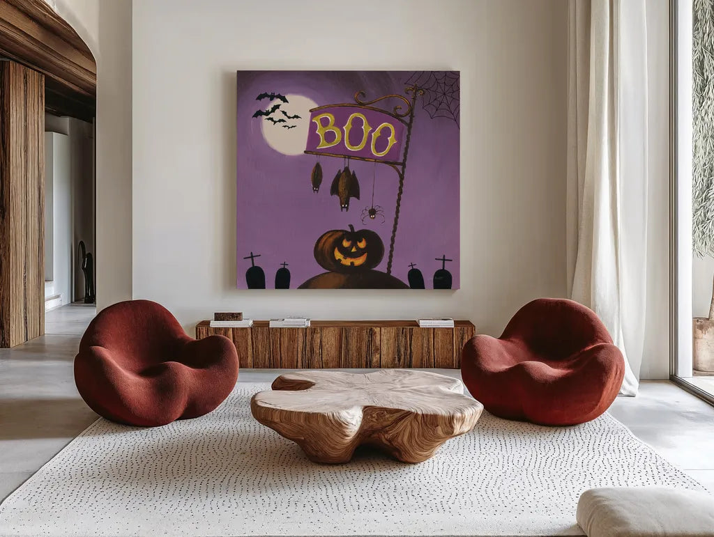 Happy Haunting IV by Lisa Audit. Shown as extra-large giant wall art in a modern living room. Available as an archival giclee rolled canvas, fine art paper, or poster print. SKU 80109a.
