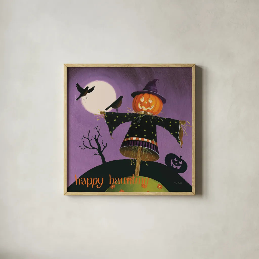 Happy Haunting V by Lisa Audit. Shown in a natural wood glass frame for a timeless modern aesthetic. Available as an archival giclee rolled canvas, fine art paper, or poster print. SKU 80110a.
