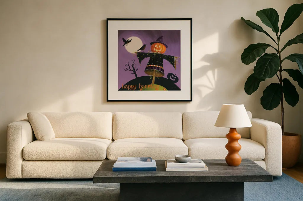 Happy Haunting V by Lisa Audit. Displayed in a glass frame with matte in a clean modern living room. Available as an archival giclee rolled canvas, fine art paper, or poster print. SKU 80110a.