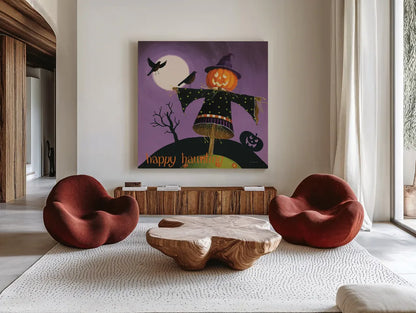 Happy Haunting V by Lisa Audit. Shown as extra-large giant wall art in a modern living room. Available as an archival giclee rolled canvas, fine art paper, or poster print. SKU 80110a.
