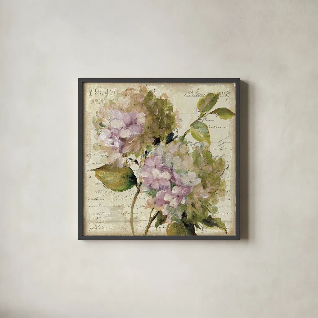 Harmonious V Marche de Fleurs Script by Lisa Audit. Shown in a sleek black glass frame for a contemporary gallery look. Available as an archival giclee rolled canvas, fine art paper, or poster print. SKU 17680a.