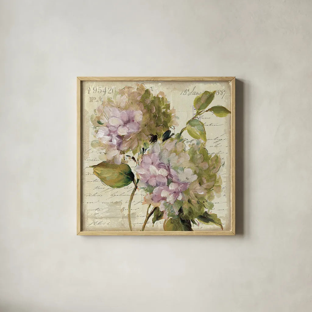 Harmonious V Marche de Fleurs Script by Lisa Audit. Shown in a natural wood glass frame for a timeless modern aesthetic. Available as an archival giclee rolled canvas, fine art paper, or poster print. SKU 17680a.