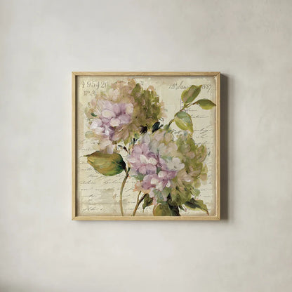 Harmonious V Marche de Fleurs Script by Lisa Audit. Shown in a natural wood glass frame for a timeless modern aesthetic. Available as an archival giclee rolled canvas, fine art paper, or poster print. SKU 17680a.