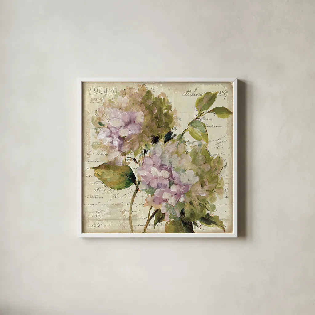 Harmonious V Marche de Fleurs Script by Lisa Audit. Shown in a crisp white glass frame for a clean and minimalist style. Available as an archival giclee rolled canvas, fine art paper, or poster print. SKU 17680a.