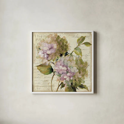 Harmonious V Marche de Fleurs Script by Lisa Audit. Shown in a crisp white glass frame for a clean and minimalist style. Available as an archival giclee rolled canvas, fine art paper, or poster print. SKU 17680a.