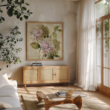 Harmonious V Marche de Fleurs Script by Lisa Audit. Shown in a natural wood frame in a cozy modern living room. Available as an archival giclee rolled canvas, fine art paper, or poster print. SKU 17680a.
