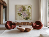 Harmonious V Marche de Fleurs Script by Lisa Audit. Shown as extra-large giant wall art in a modern living room. Available as an archival giclee rolled canvas, fine art paper, or poster print. SKU 17680a.