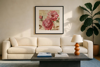 Harmonious VI v2 by Lisa Audit. Displayed in a glass frame with matte in a clean modern living room. Available as an archival giclee rolled canvas, fine art paper, or poster print. SKU 15590a.